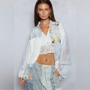 POL Mixed Media Patchwork Top in Cloud Blue